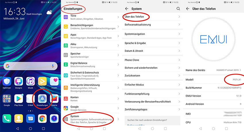 Abfrage Modellnummer Huawei Handy über Systemeinstellungen im Gerät